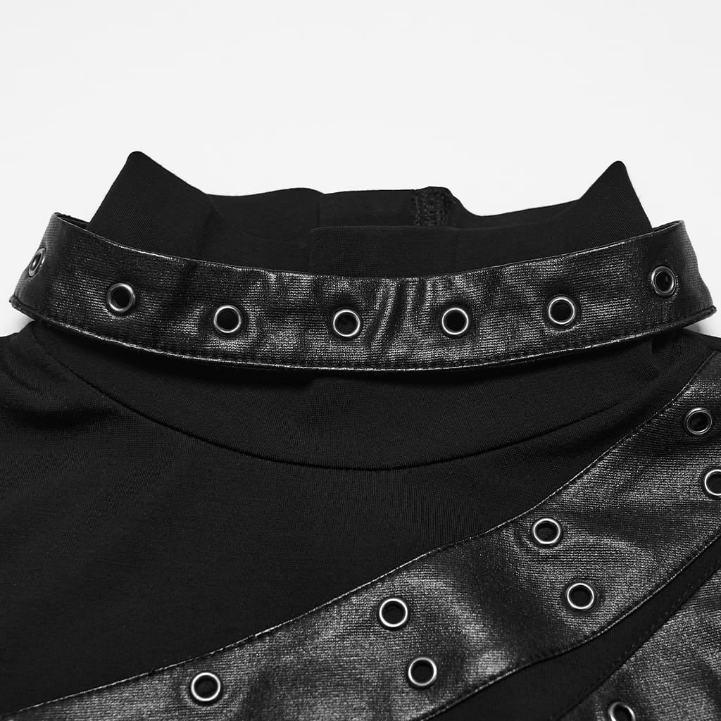 PUNK RAVE Women's Punk Turtleneck Eyelet Buckle Strap Long Sleeve Top