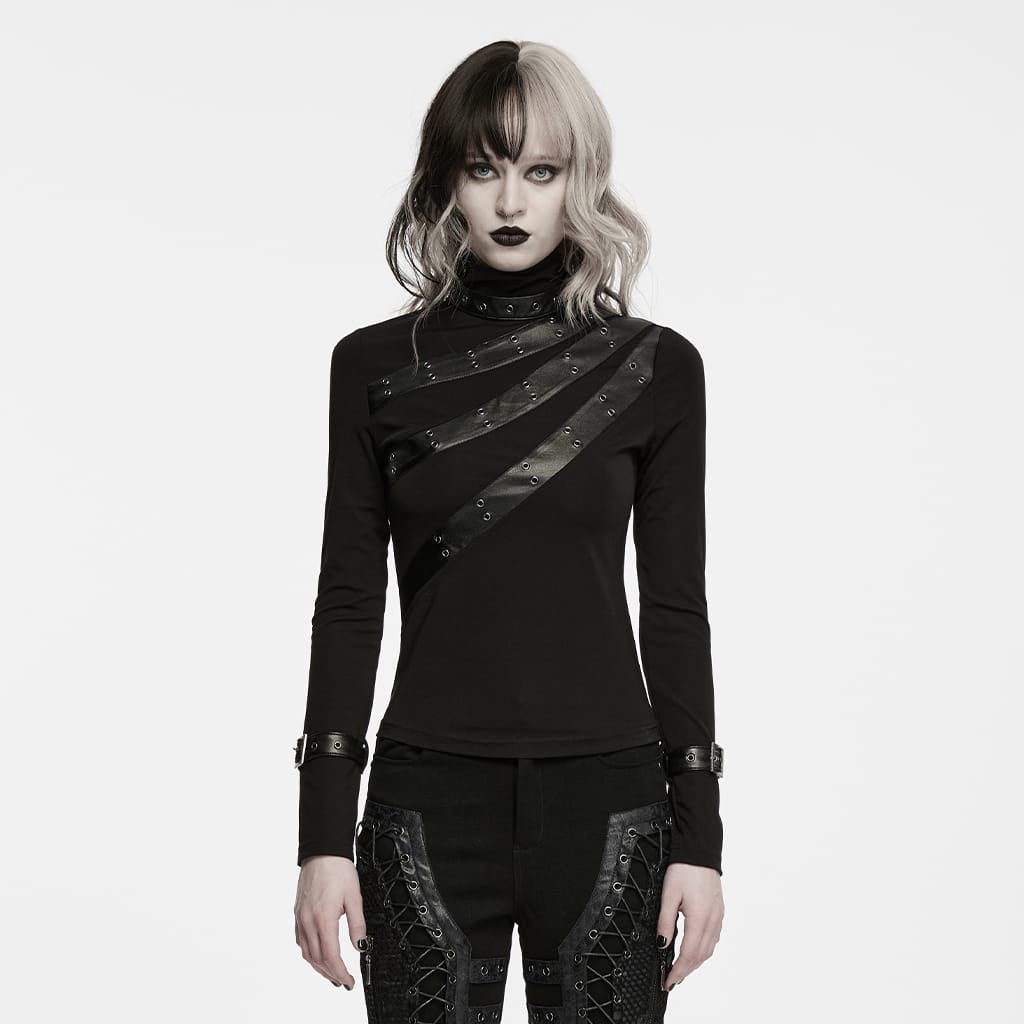 PUNK RAVE Women's Punk Turtleneck Eyelet Buckle Strap Long Sleeve Top