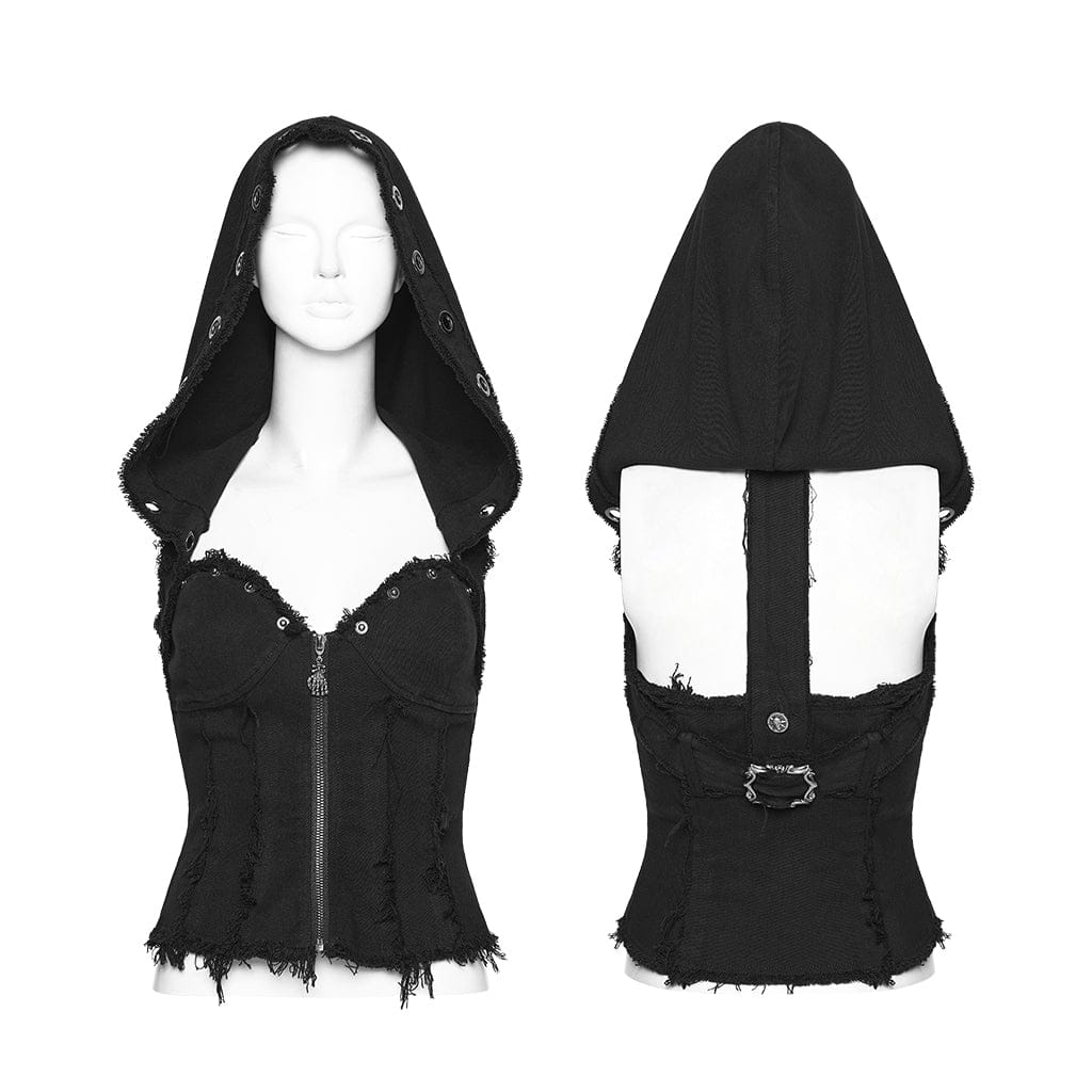 PUNK RAVE Women's Punk Unedged Zip Vest with Detachable Hood