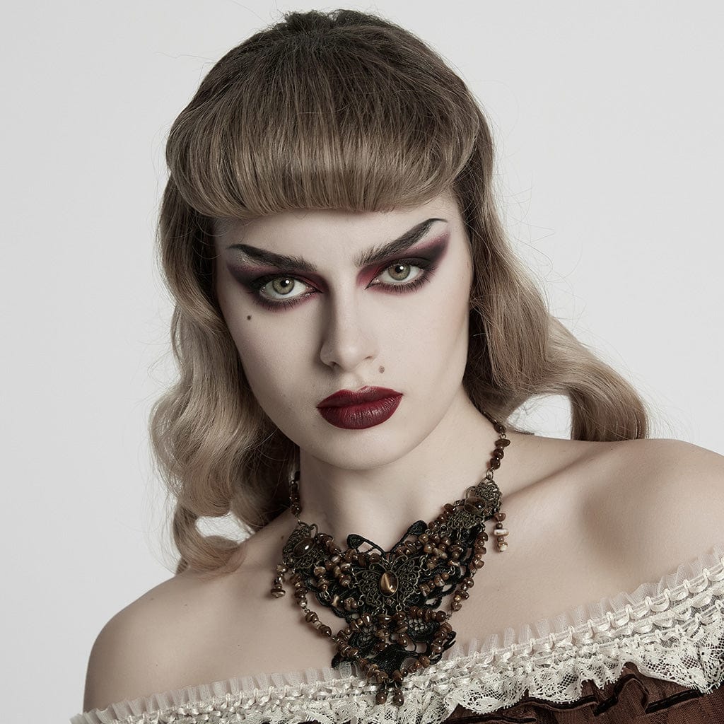 PUNK RAVE Women's Steampunk Irregular Beaded Butterfly Necklace Amber