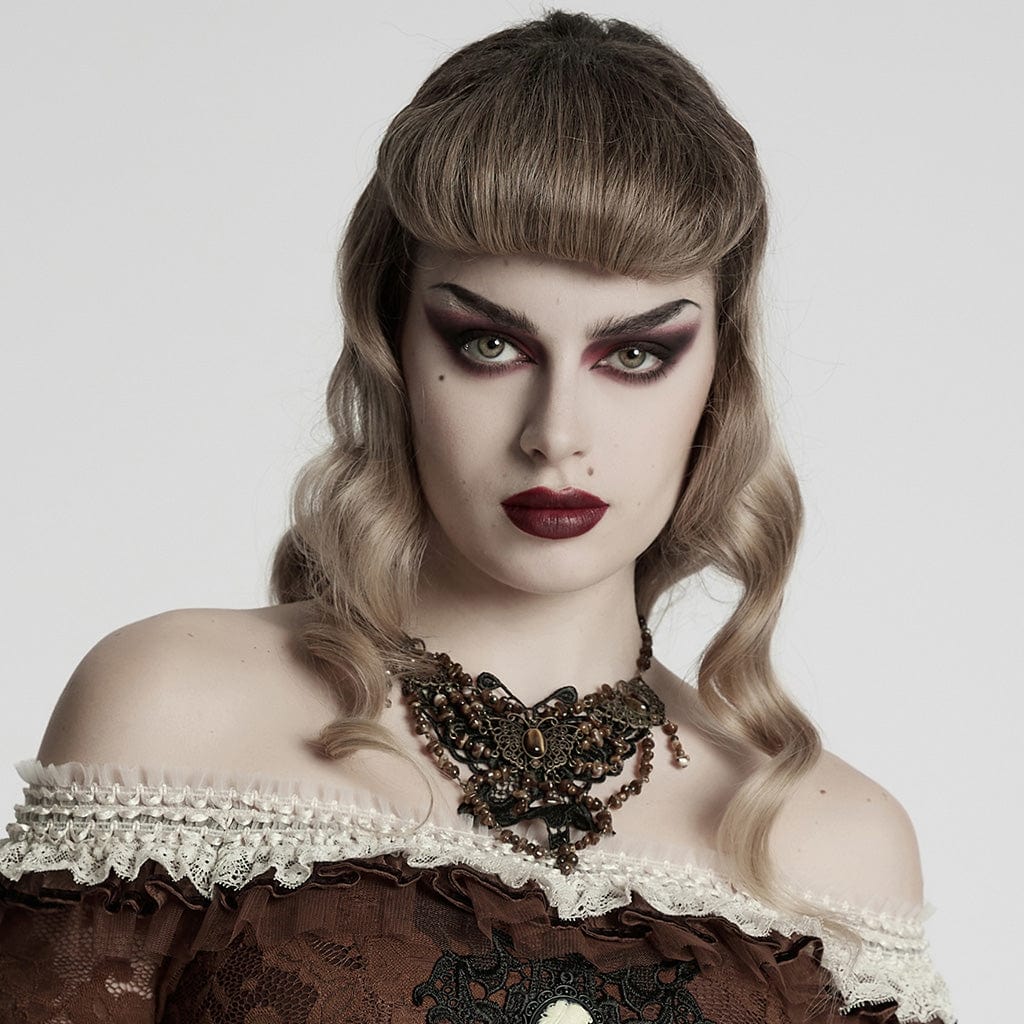 PUNK RAVE Women's Steampunk Irregular Beaded Butterfly Necklace Amber