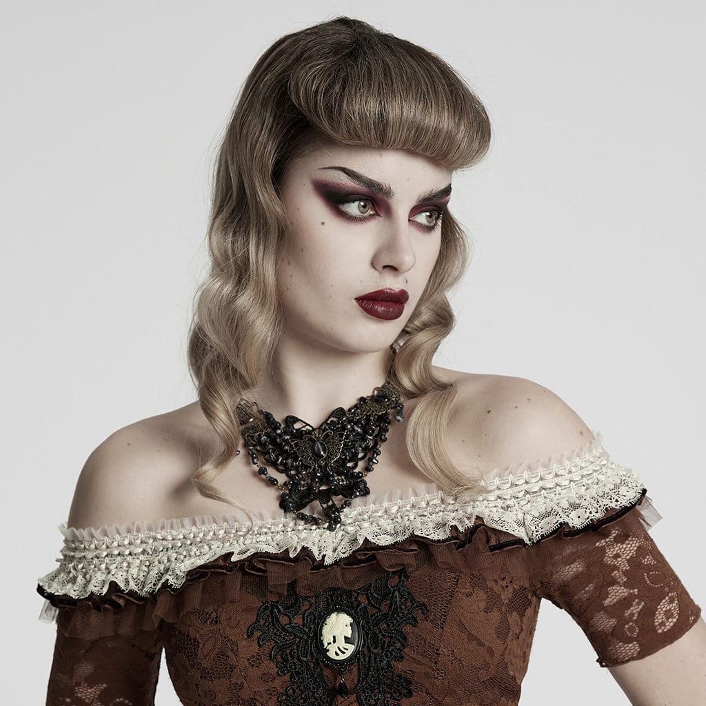 PUNK RAVE Women's Steampunk Irregular Beaded Butterfly Necklace Black