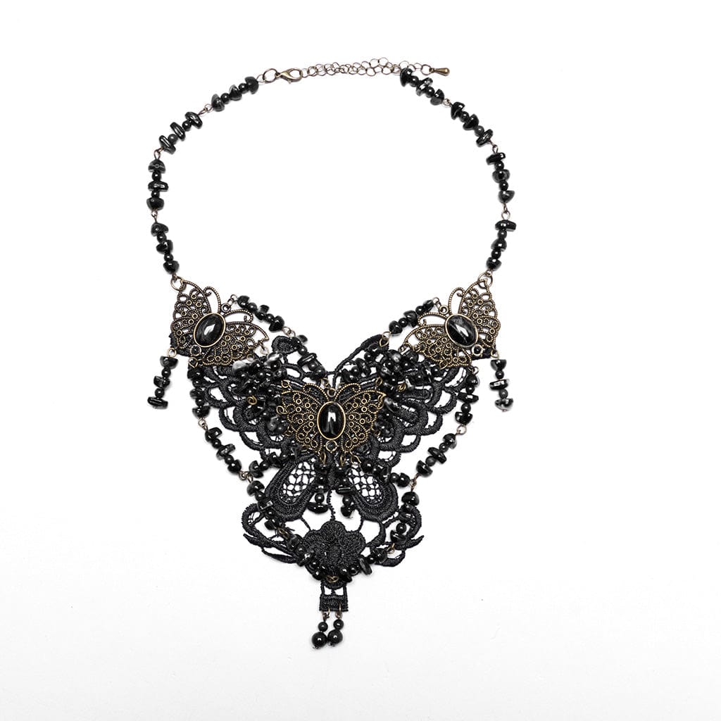 PUNK RAVE Women's Steampunk Irregular Beaded Butterfly Necklace Black