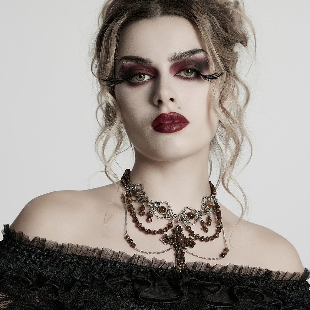 PUNK RAVE Women's Steampunk Irregular Beaded Cross Necklace Amber