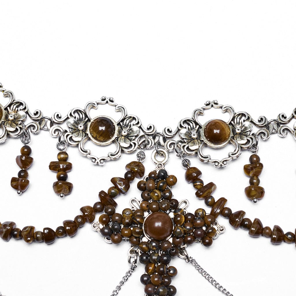 PUNK RAVE Women's Steampunk Irregular Beaded Cross Necklace Amber