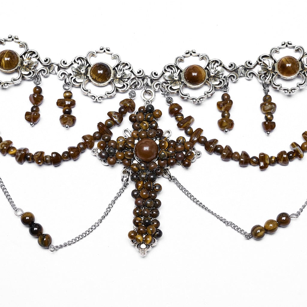 PUNK RAVE Women's Steampunk Irregular Beaded Cross Necklace Amber