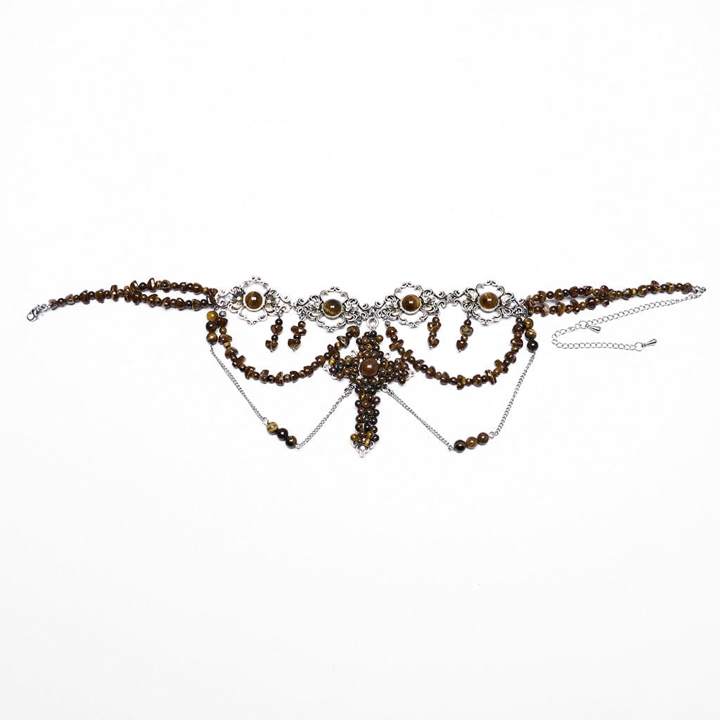 PUNK RAVE Women's Steampunk Irregular Beaded Cross Necklace Amber