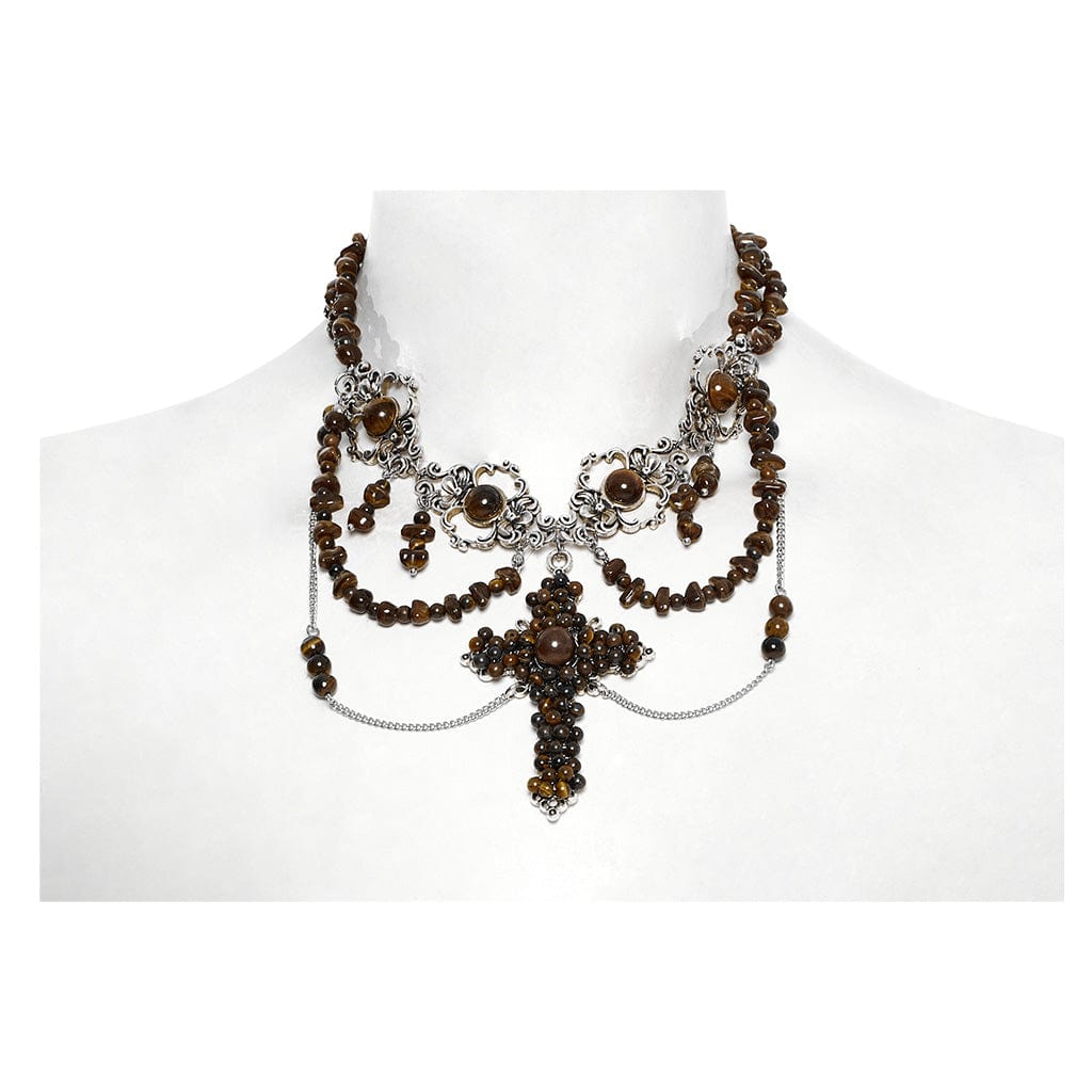 PUNK RAVE Women's Steampunk Irregular Beaded Cross Necklace Amber