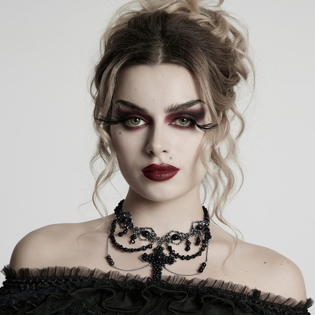 PUNK RAVE Women's Steampunk Irregular Beaded Cross Necklace Black