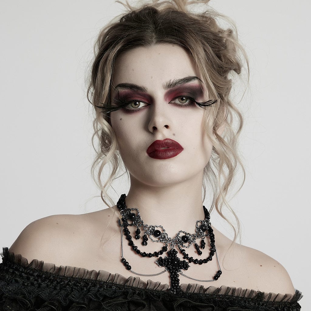 PUNK RAVE Women's Steampunk Irregular Beaded Cross Necklace Black