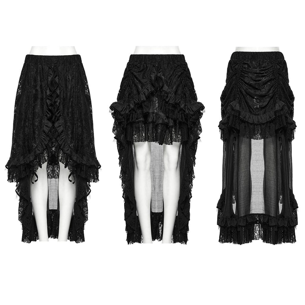 PUNK RAVE Women's Steampunk Lace Hem Drawstring Skirt Black