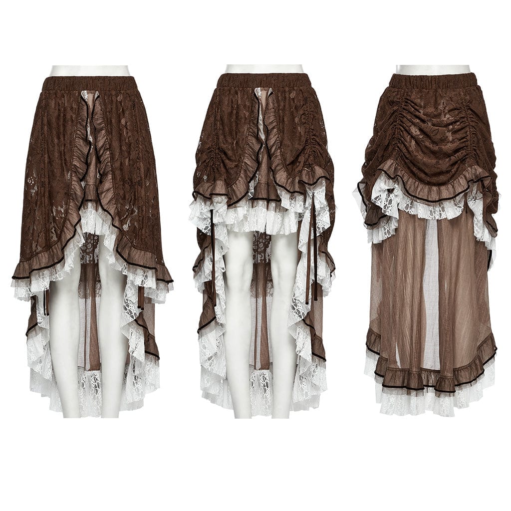 PUNK RAVE Women's Steampunk Lace Hem Drawstring Skirt Coffee