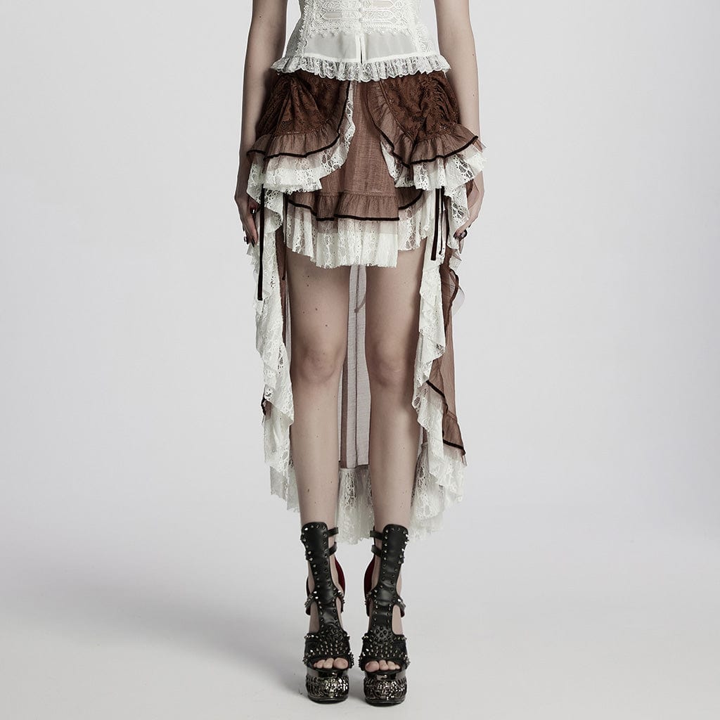 PUNK RAVE Women's Steampunk Lace Hem Drawstring Skirt Coffee