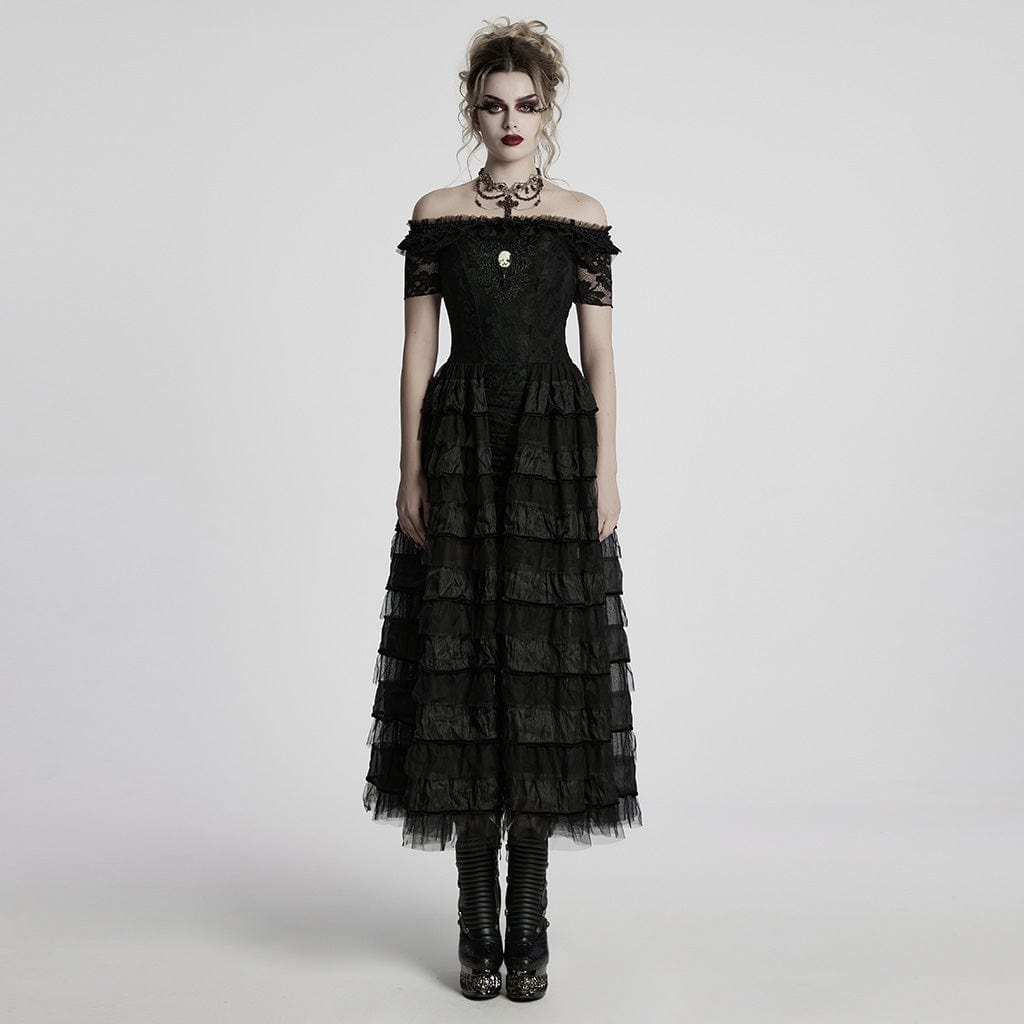 PUNK RAVE Women's Steampunk Off-the-shoulder Layered Gown Dress Black