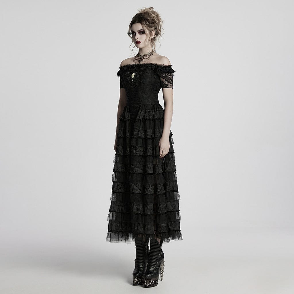 PUNK RAVE Women's Steampunk Off-the-shoulder Layered Gown Dress Black