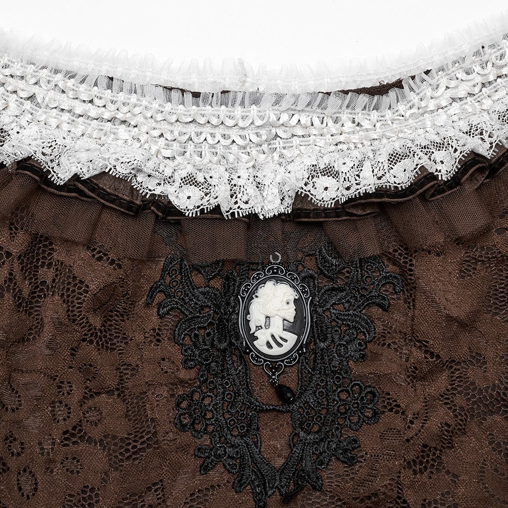 PUNK RAVE Women's Steampunk Off-the-shoulder Layered Gown Dress Coffee