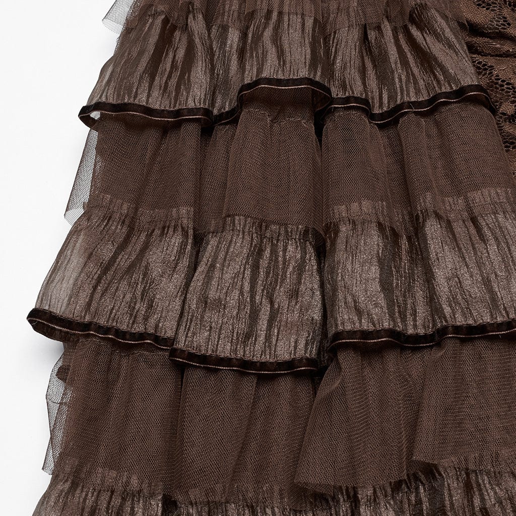 PUNK RAVE Women's Steampunk Off-the-shoulder Layered Gown Dress Coffee