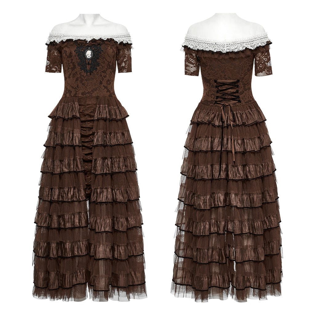 PUNK RAVE Women's Steampunk Off-the-shoulder Layered Gown Dress Coffee