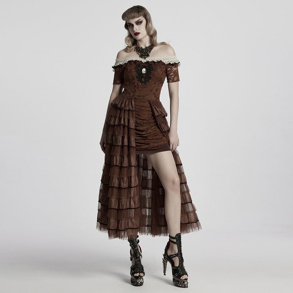 PUNK RAVE Women's Steampunk Off-the-shoulder Layered Gown Dress Coffee