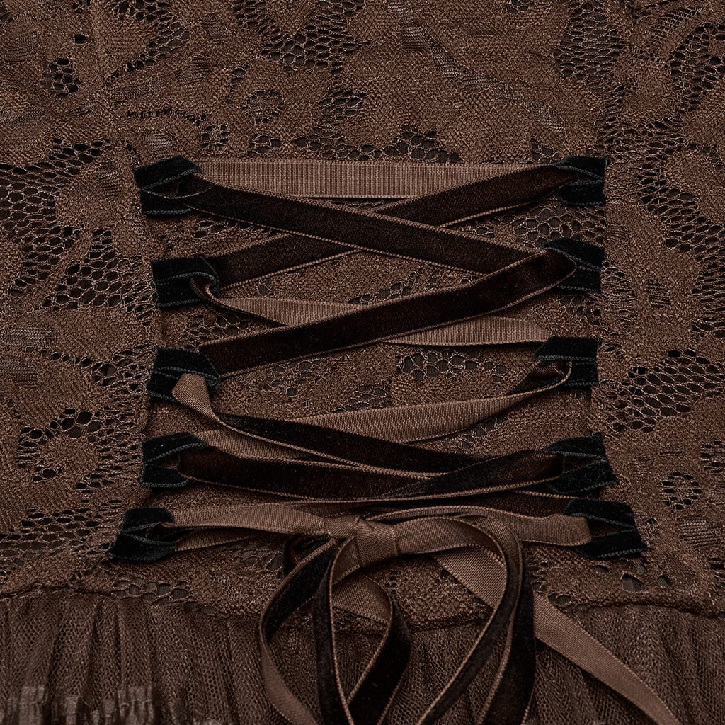 PUNK RAVE Women's Steampunk Off-the-shoulder Layered Gown Dress Coffee