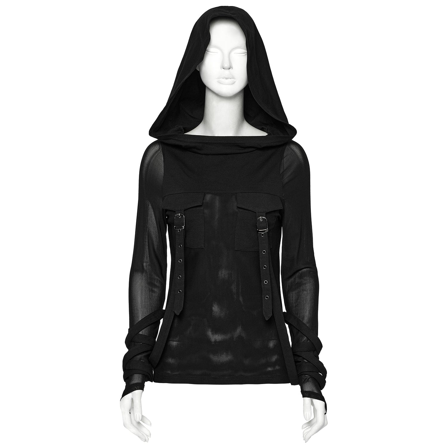 PUNK RAVE Women's Straps Hooded Mesh Tops