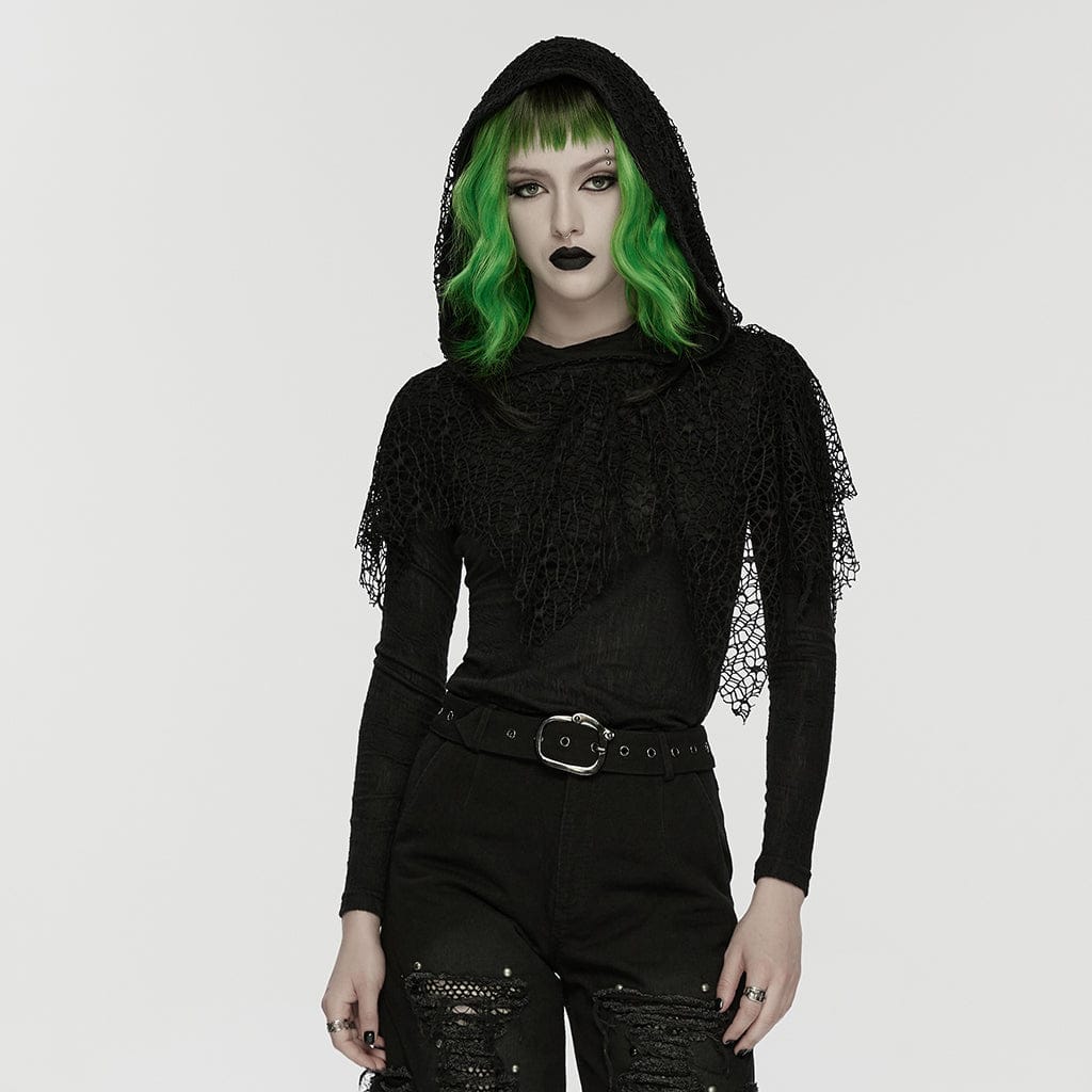 PUNK RAVE Women's Wasteland Punk Mesh Splice Hooded Long Sleeved Shirt