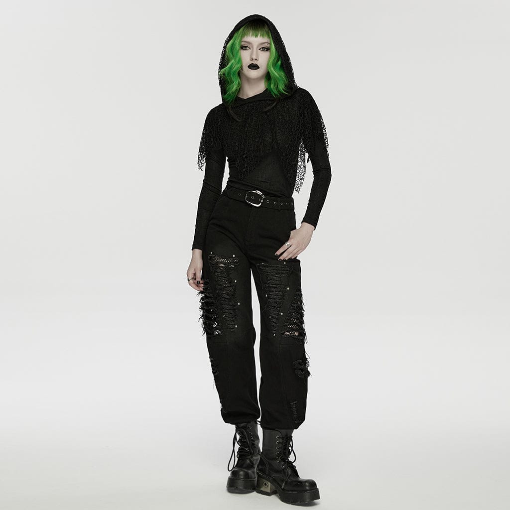 PUNK RAVE Women's Wasteland Punk Mesh Splice Hooded Long Sleeved Shirt