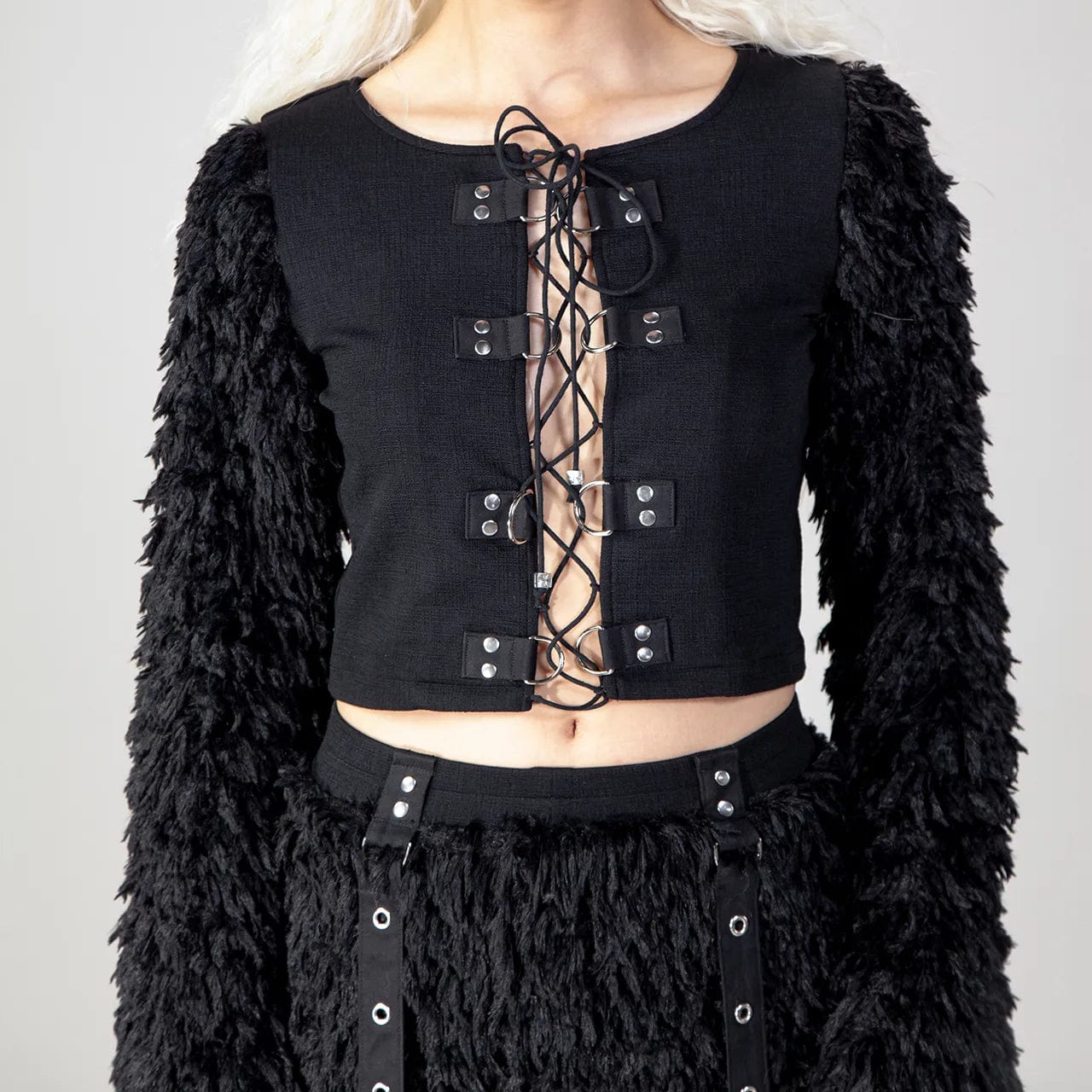 RNG Women's Gothic Faux Fur Splice Lace-up Crop Top