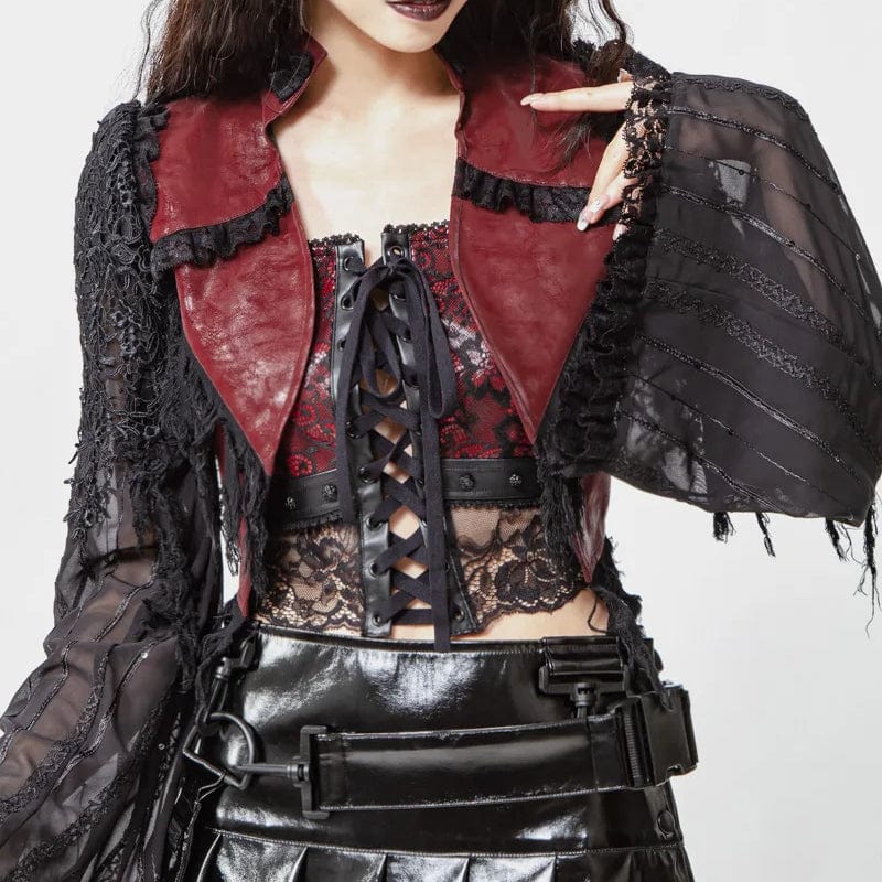 RNG Women's Gothic Flared Sleeved Distressed Faux Leather Jacket Red