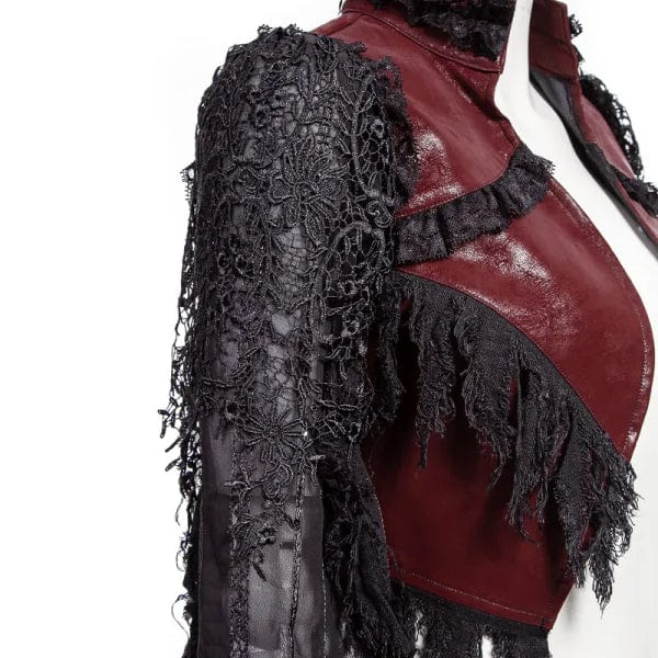 RNG Women's Gothic Flared Sleeved Distressed Faux Leather Jacket Red