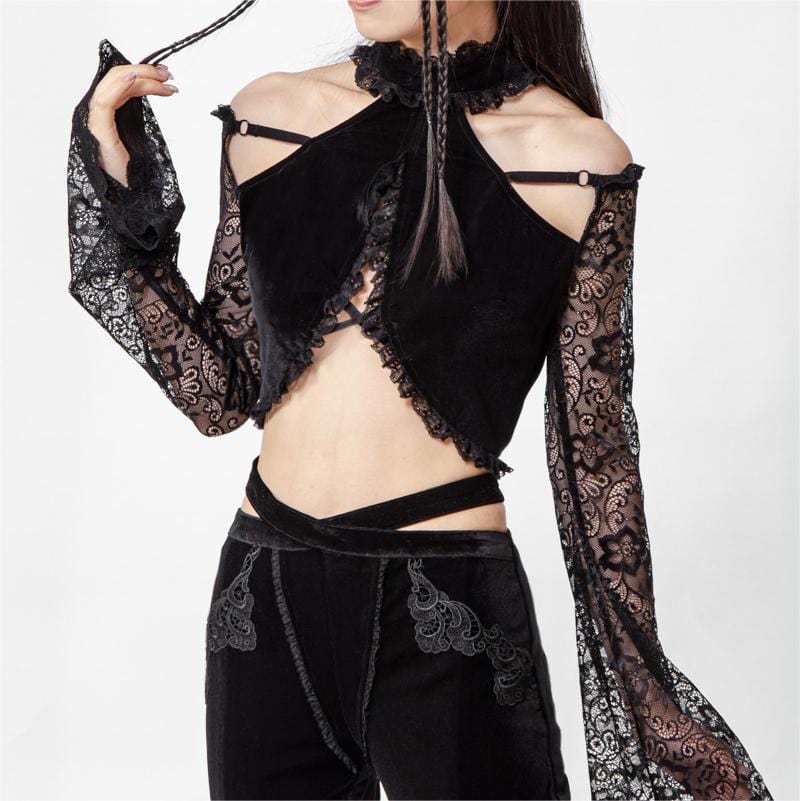 RNG Women's Gothic Halterneck Lace Long Sleeved Crop Top