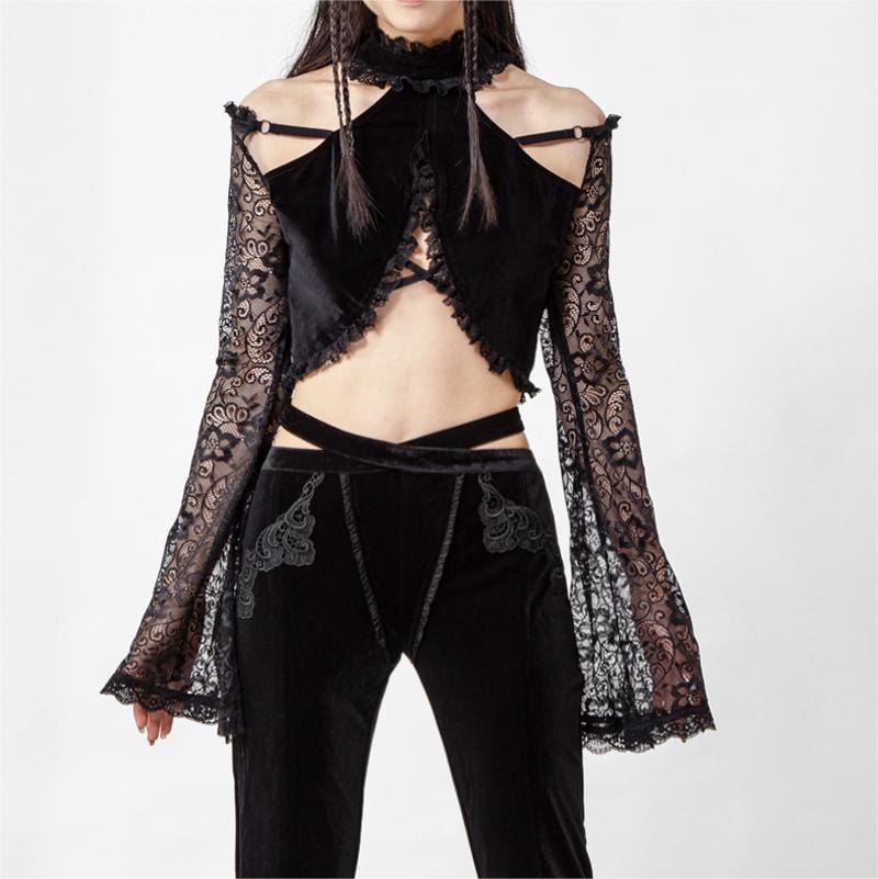 RNG Women's Gothic Halterneck Lace Long Sleeved Crop Top