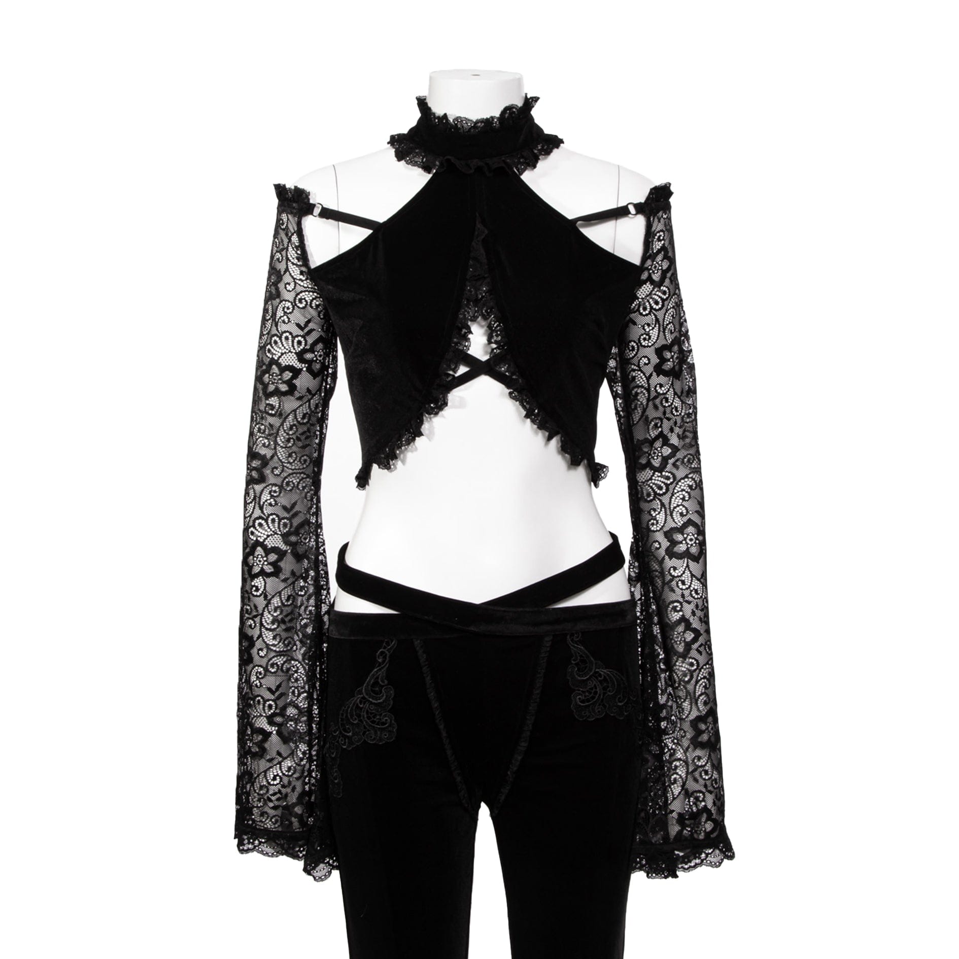 RNG Women's Gothic Halterneck Lace Long Sleeved Crop Top