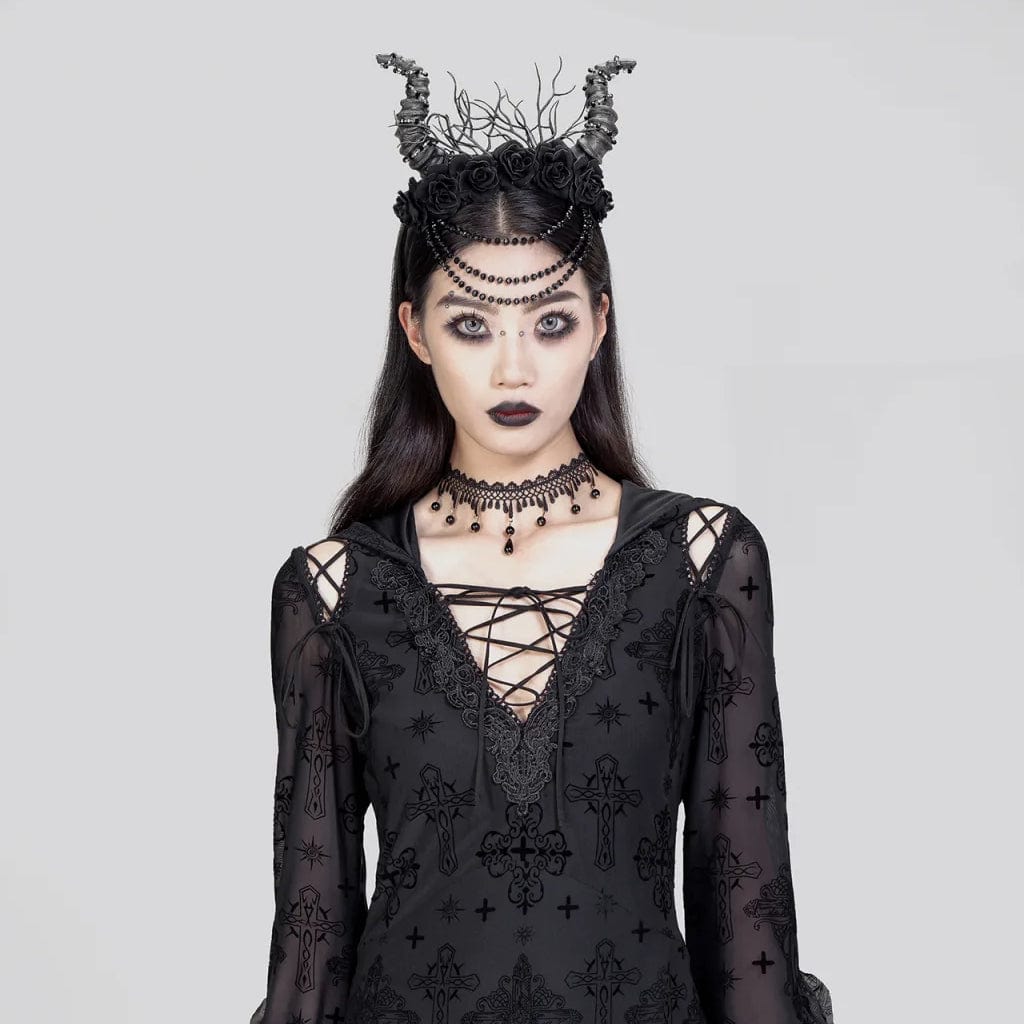 RNG Women's Gothic Horned Beaded Rose Headwear