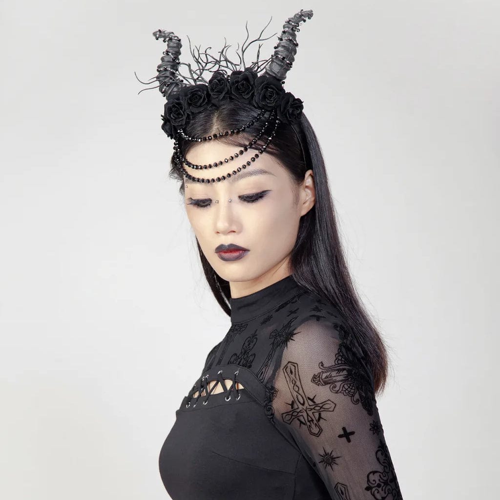 RNG Women's Gothic Horned Beaded Rose Headwear