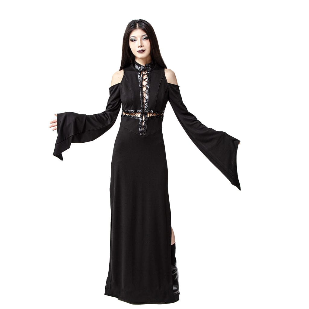 RNG Women's Gothic Lacing-up Trumpet Sleeved Maxi Dress