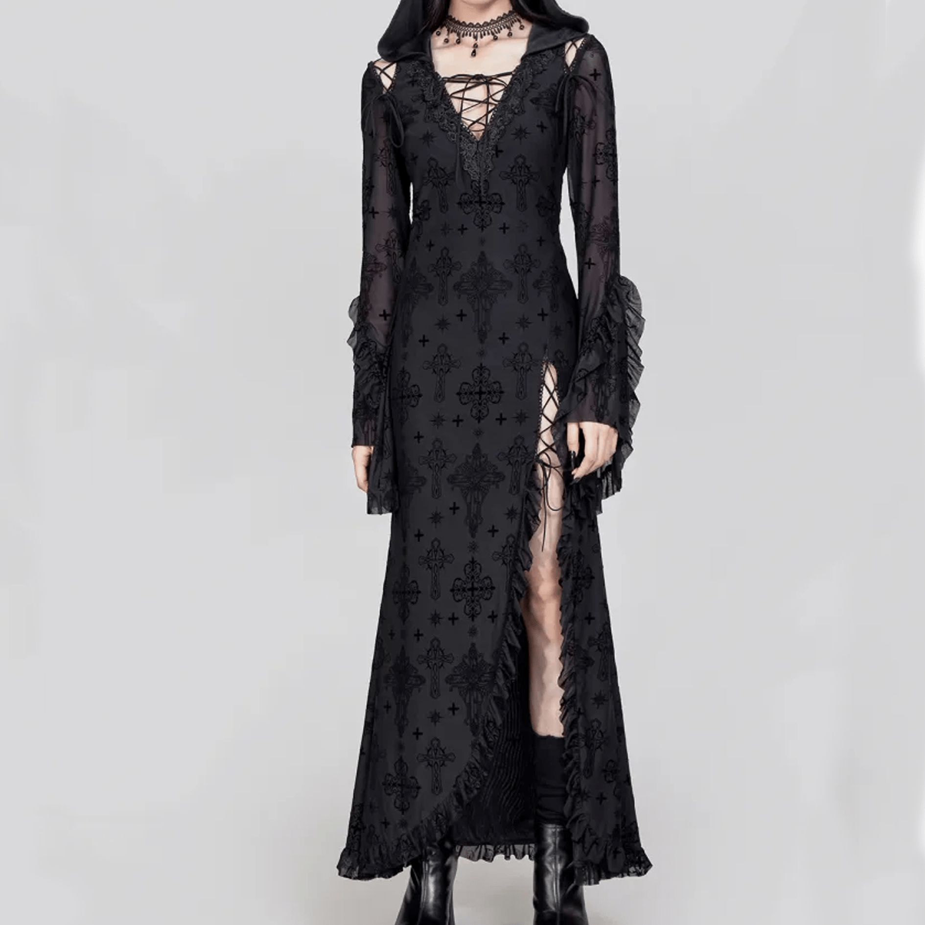 RNG Women's Gothic Plunging Flared Sleeved Split Dress with Hood