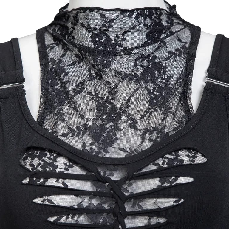 RNG Women's Gothic Rippes Mesh Splice Tank Top with Oversleeves