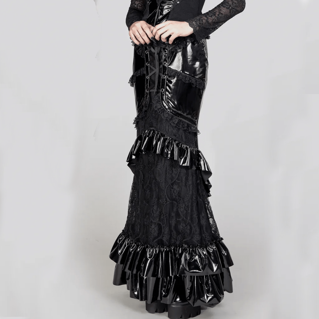 RNG Women's Gothic Ruffled Lace Splice Patent Leather Fishtail Skirt