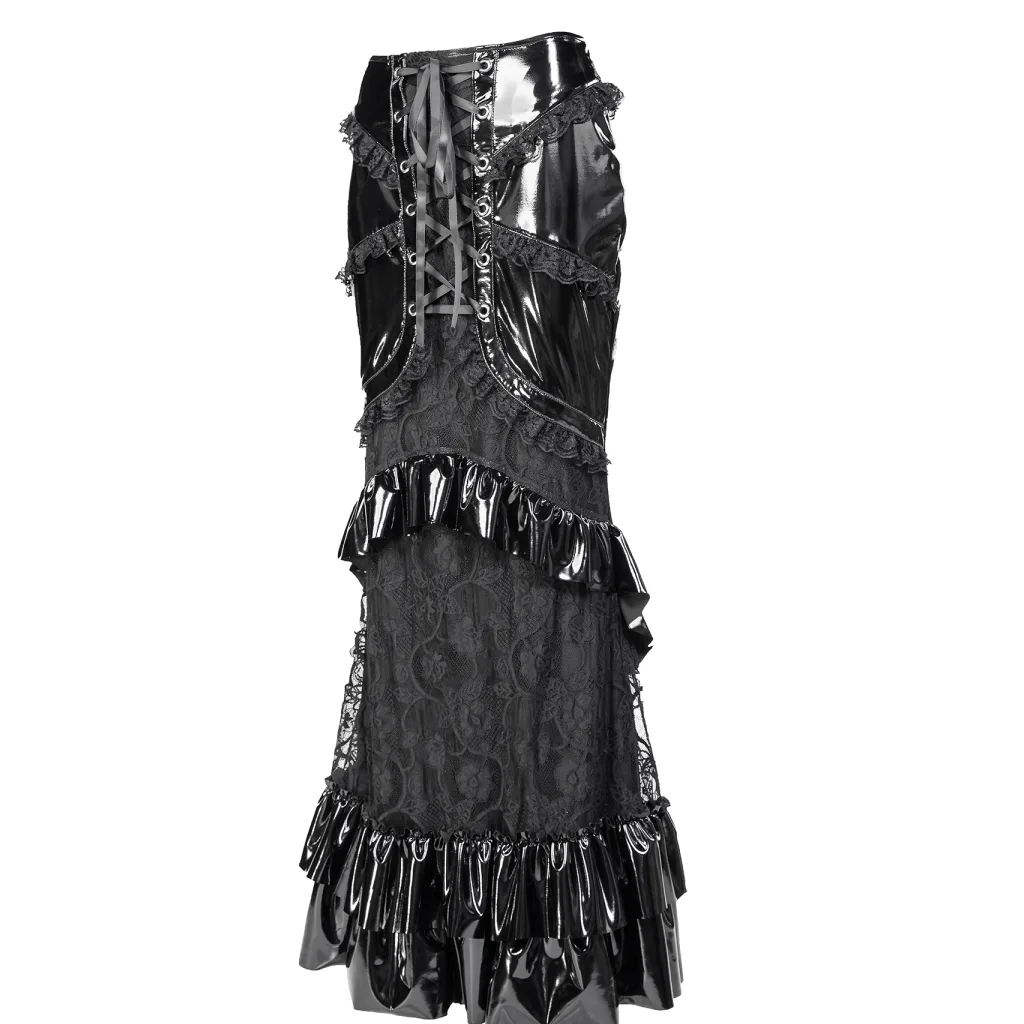 RNG Women's Gothic Ruffled Lace Splice Patent Leather Fishtail Skirt