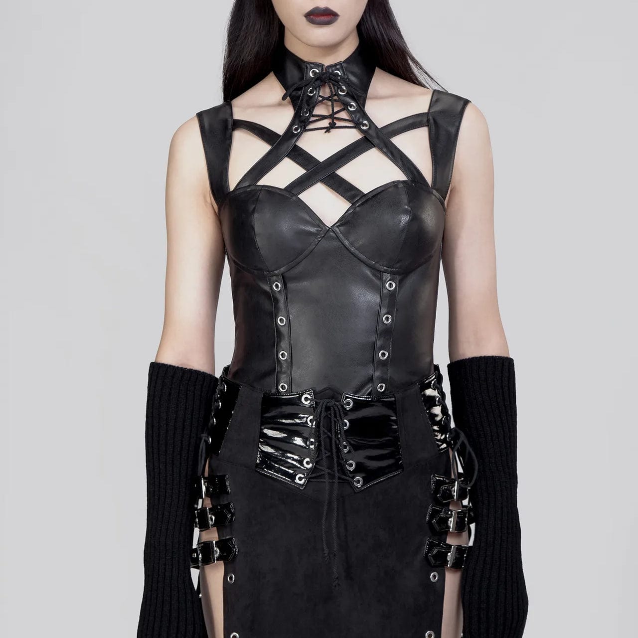 RNG Women's Gothic Stand Collar Cutout Faux Leather Vest