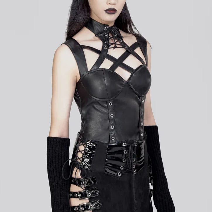 RNG Women's Gothic Stand Collar Cutout Faux Leather Vest