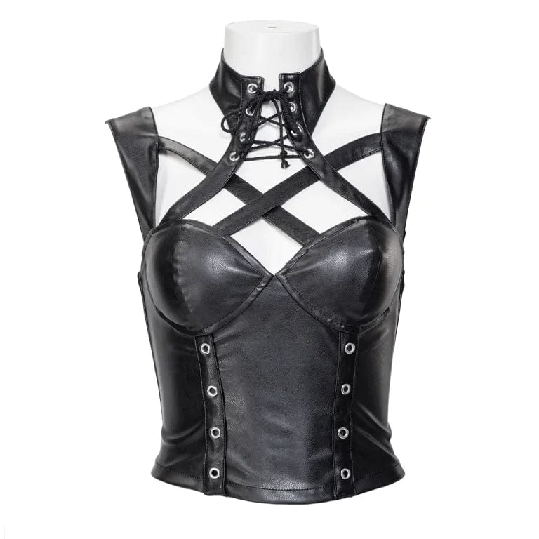 RNG Women's Gothic Stand Collar Cutout Faux Leather Vest