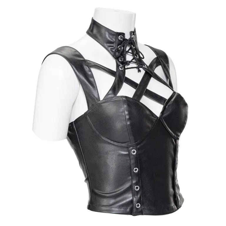 RNG Women's Gothic Stand Collar Cutout Faux Leather Vest