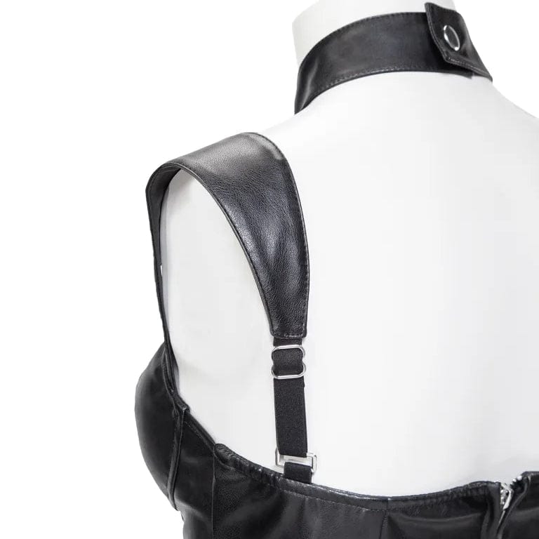 RNG Women's Gothic Stand Collar Cutout Faux Leather Vest