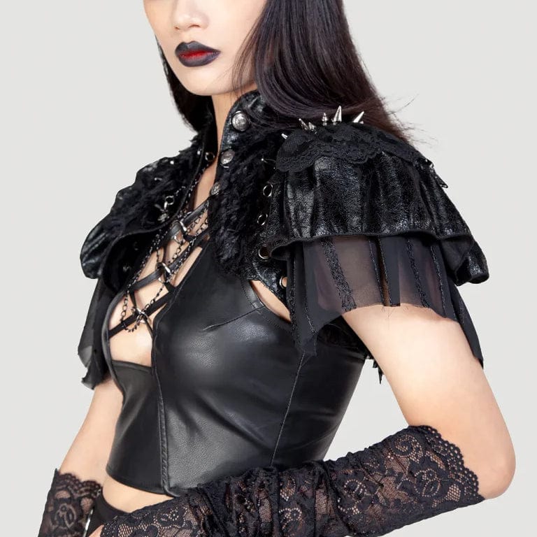 RNG Women's Gothic Stand Collar Studded Faux Leather Cape