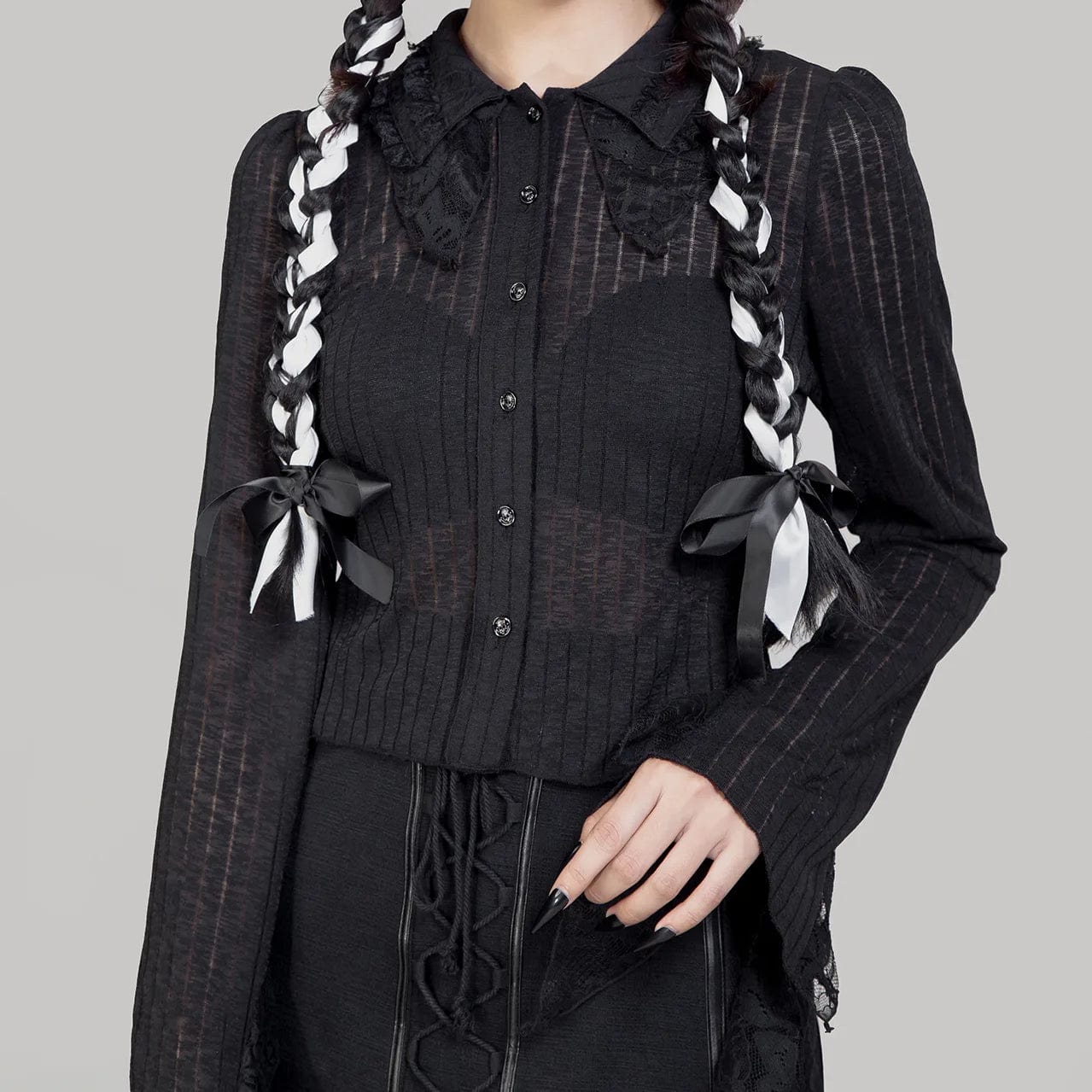 RNG Women's Gothic Turn-down Collar Lace Splice Shirt
