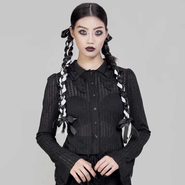 RNG Women's Gothic Turn-down Collar Lace Splice Shirt