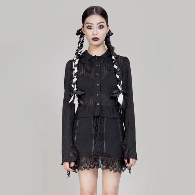 RNG Women's Gothic Turn-down Collar Lace Splice Shirt