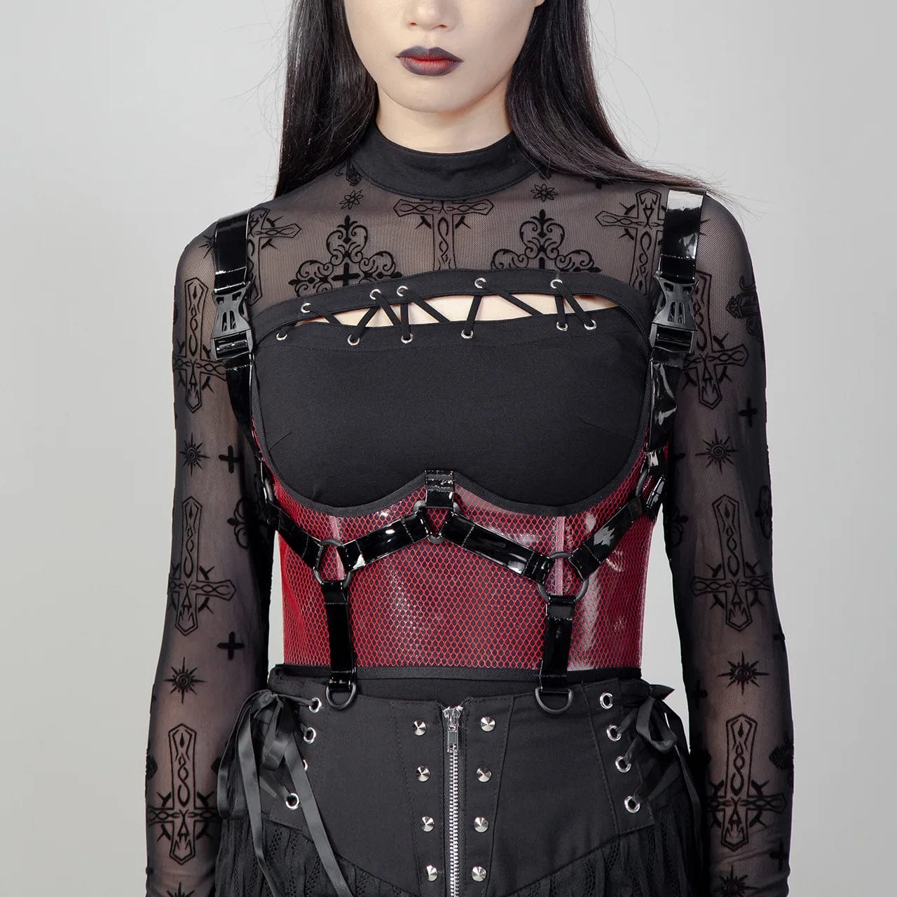RNG Women's Punk Buckles Mesh Underbust Corset Red